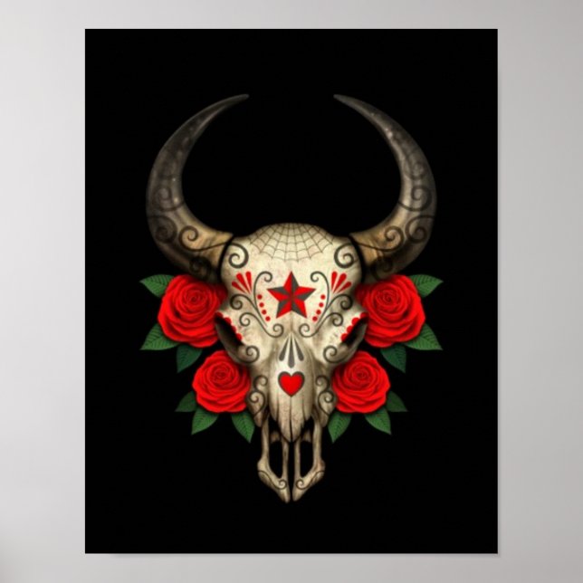 Bull Sugar Skull med Röd ros på Black Poster (Framsidan)