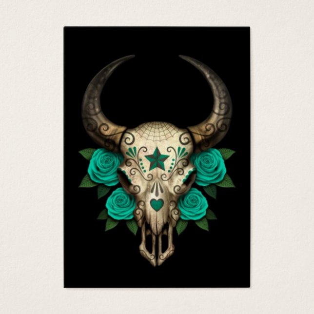 Bull Sugar Skull med Teal Ro på Black Visitkort (Framsidan)