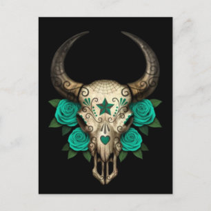 Bull Sugar Skull med Teal Rosor på Black Vykort