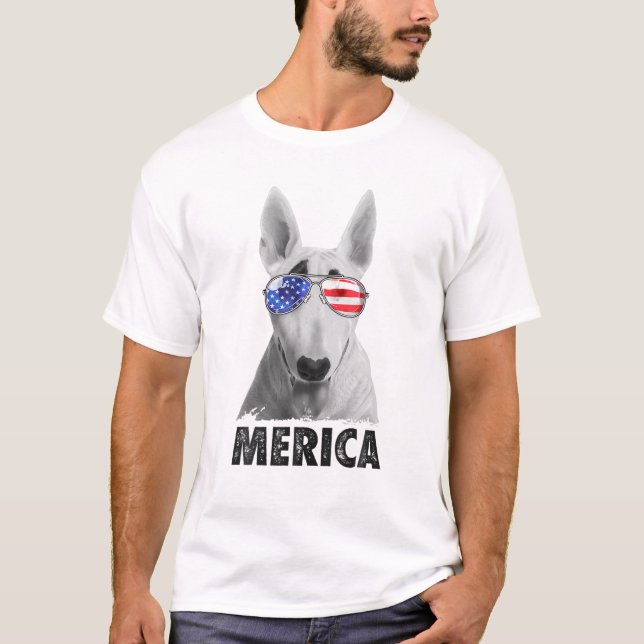 Bull Terrier 4:e juli Merica Manar American Flagga T Shirt (Framsida)