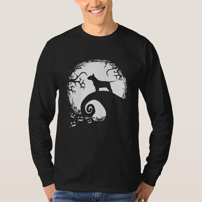 Bull Terrier And Moon Halloween T Shirt (Framsida)