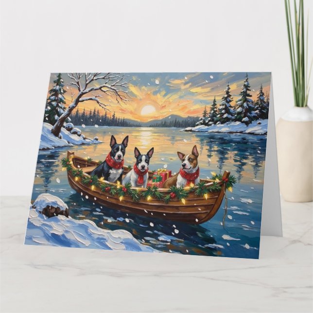 Bull Terrier Christmas Boat Holiday Kort (Framsida)