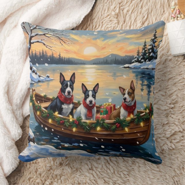 Bull Terrier Christmas Boat Holiday Kudde (Filt)