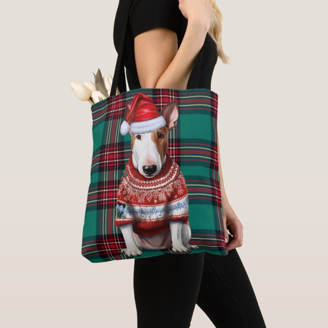 Bull Terrier Christmas Dog Green Seasonal Plaid Tygkasse (Närbild)