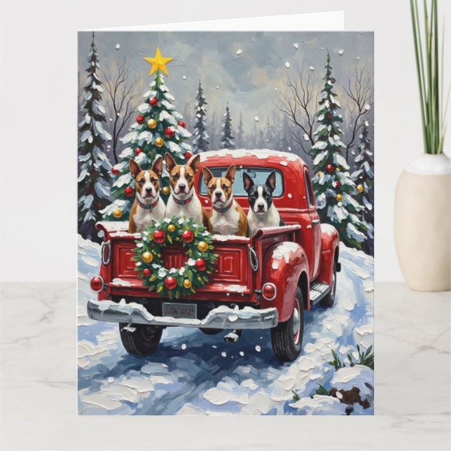 Bull Terrier Christmas Red Truck Holiday Kort (Framsida)
