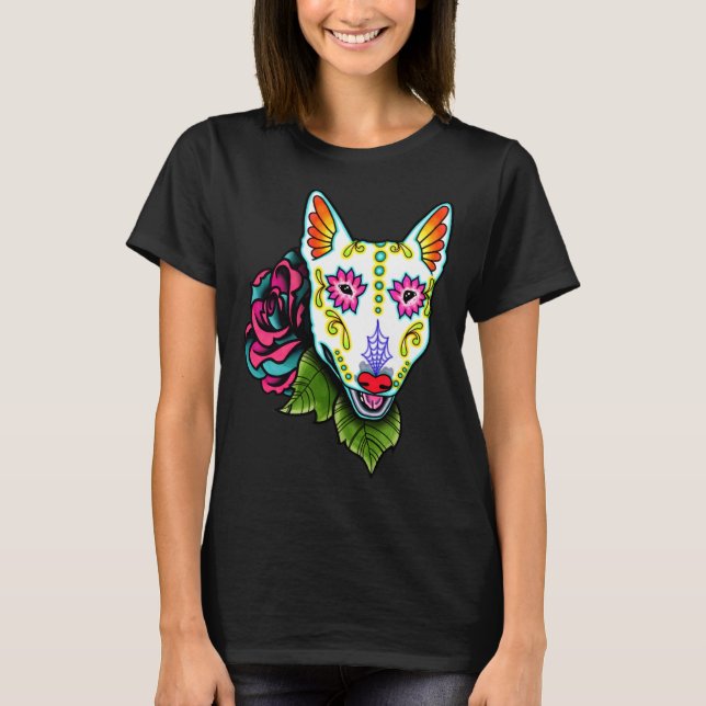 Bull Terrier - Day of the dead Sugar Skull Hund T Shirt (Framsida)