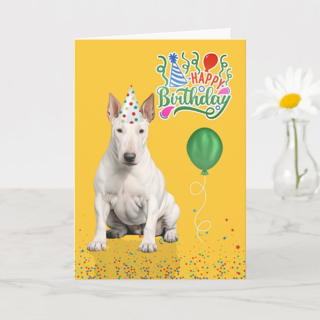 Bull Terrier Dog Party Hat Yellow Birthday Kort (Liten växt)