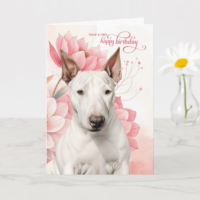 Bull Terrier Dog Pink Botanical Flowers Birthday Kort (Liten växt)