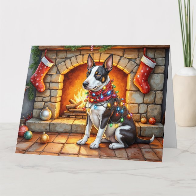 Bull Terrier Fireplace with Christmas Lights Kort (Framsida)