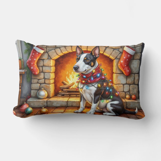 Bull Terrier Fireplace with Christmas Lights Lumbarkudde (Framsida)