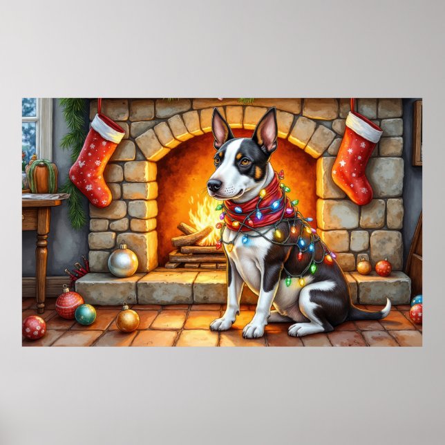 Bull Terrier Fireplace with Christmas Lights Poster (Framsidan)