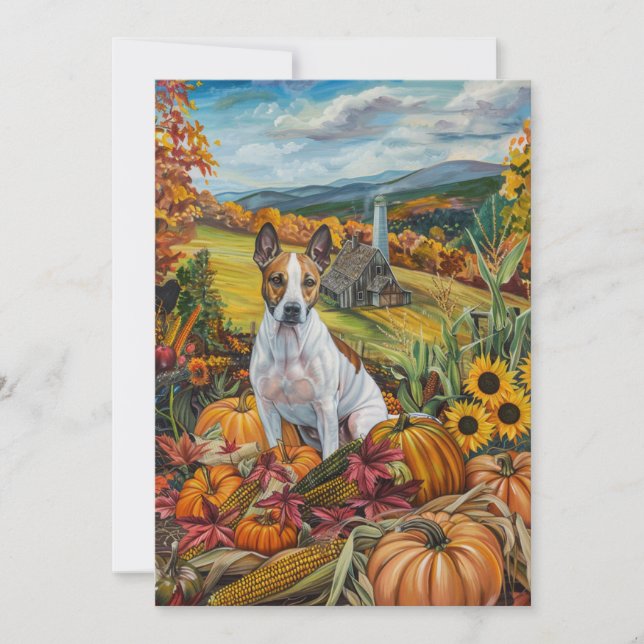Bull Terrier Hund Autumn Harvest Thanksgiving  Julkort (Framsida)
