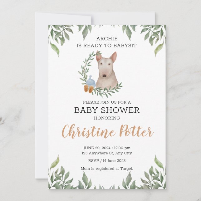 Bull Terrier Hund Boy Boho Greenery Baby Shower Inbjudningar (Framsida)