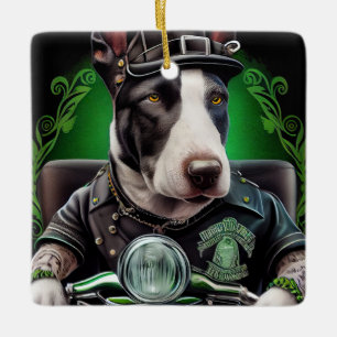 Bull Terrier Hund Driving Bike St. Patrick's Day Julgransprydnad Keramik