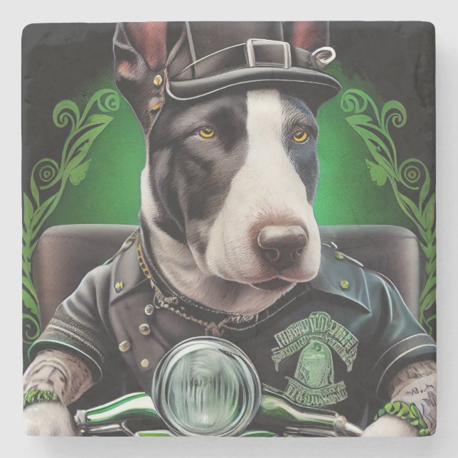 Bull Terrier Hund Driving Bike St. Patrick's Day Stenunderlägg (Framsidan)