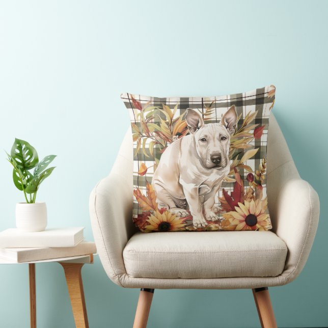 Bull Terrier Hund Fall Akvarell Blommor Kudde (Stol)