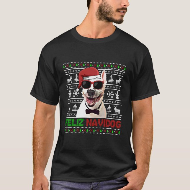 Bull Terrier Hund Feliz Navidog Funny jul T Shirt (Framsida)