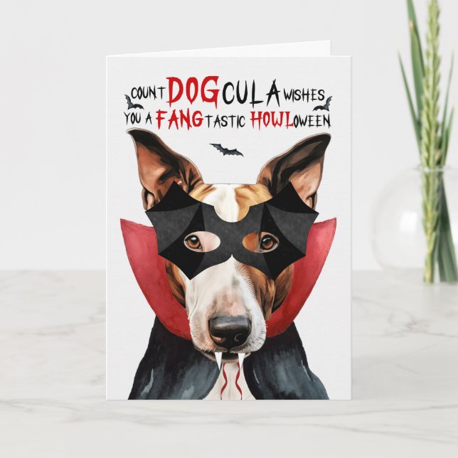 Bull Terrier Hund Funny Count DOGcula Halloween Helgkort (Framsida)