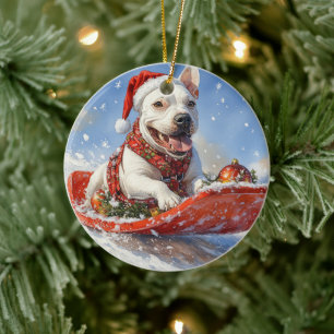 Bull Terrier Hund i släde Låt det snöa Jul Julgransprydnad Keramik
