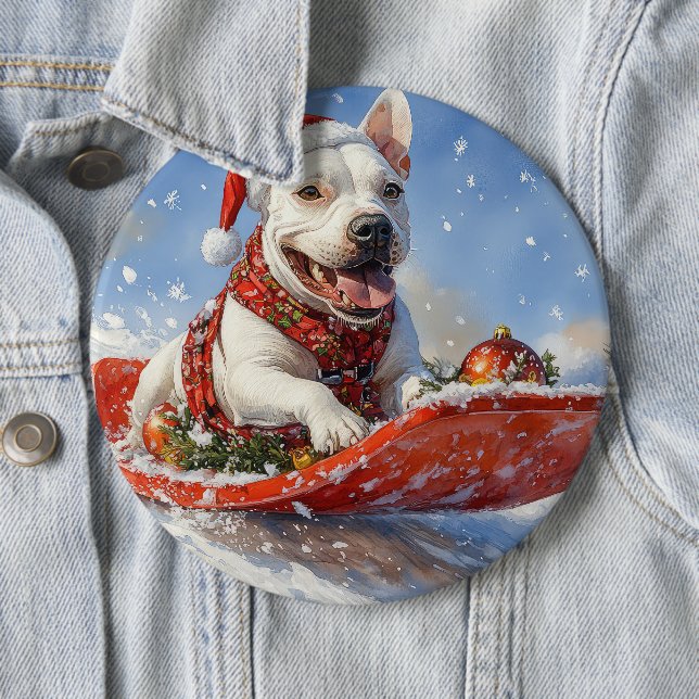 Bull Terrier Hund i Släde Låt det Snöa Jul Knapp (In Situ)