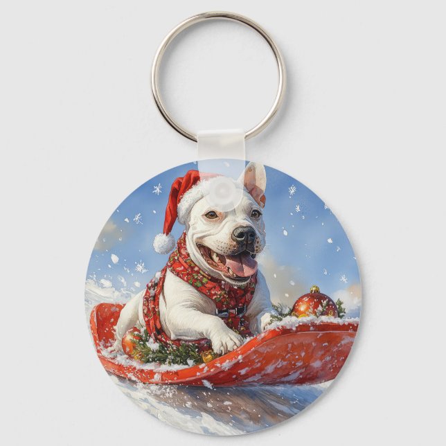 Bull Terrier Hund i Släde Låt det Snöa Jul Nyckelring (Framsida)