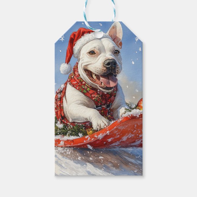 Bull Terrier Hund i Sledge Låt det snöa jul Presentetikett (Framsidan)