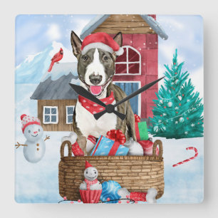 Bull Terrier Hund I snö Jul Hund Hus Fyrkantig Klocka