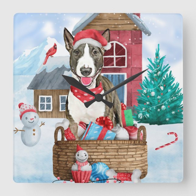 Bull Terrier Hund I snö Jul Hund Hus Fyrkantig Klocka (Framsida)