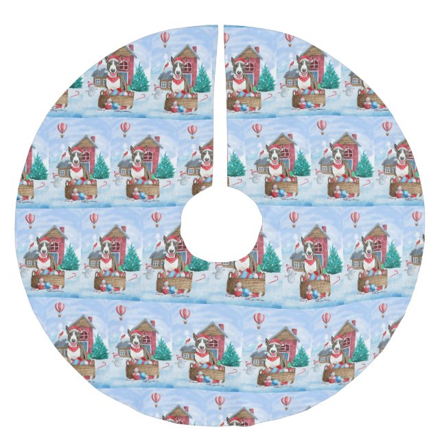 Bull Terrier Hund i snö julhus Hund House Julgransmatta Borstad Polyester (Framsidan)