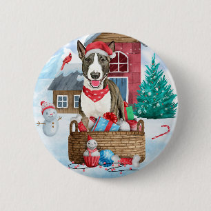 Bull Terrier Hund i snö julhus Hund House Knapp