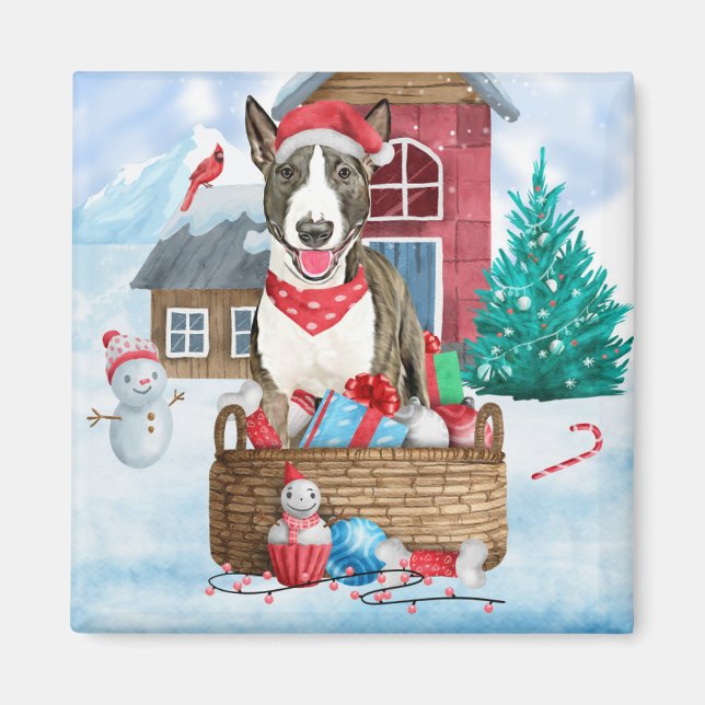 Bull Terrier Hund i snö julhus Hund House Magnet (Framsidan)