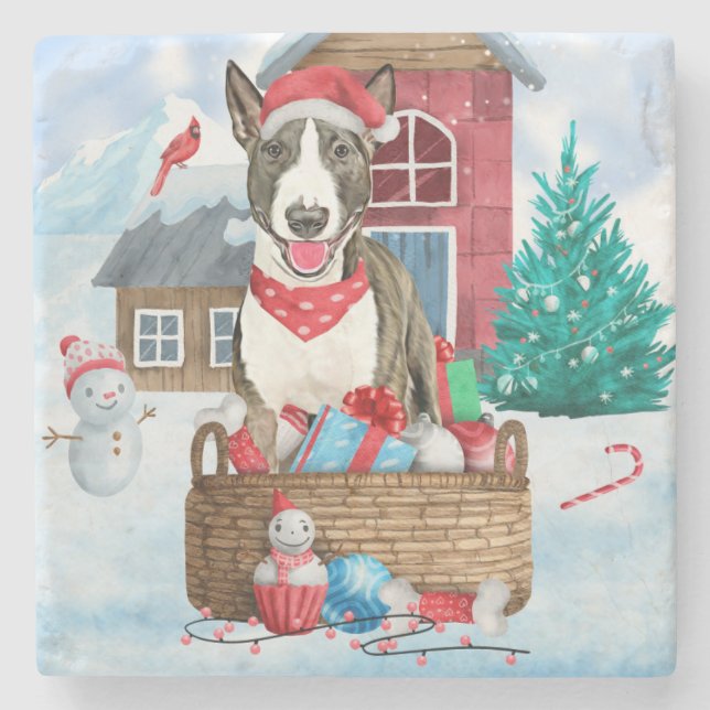 Bull Terrier Hund i snö julhus Hund House Stenunderlägg (Framsidan)
