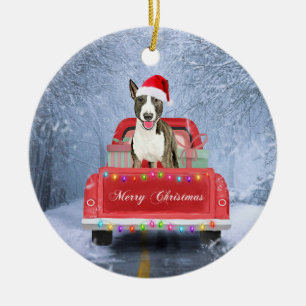 Bull Terrier Hund i Snö sitta under jul  Julgransprydnad Keramik