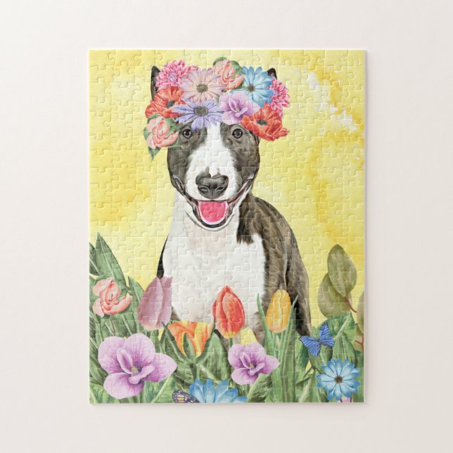 Bull Terrier Hund med Flowers Vår Pussel (Vertikal)