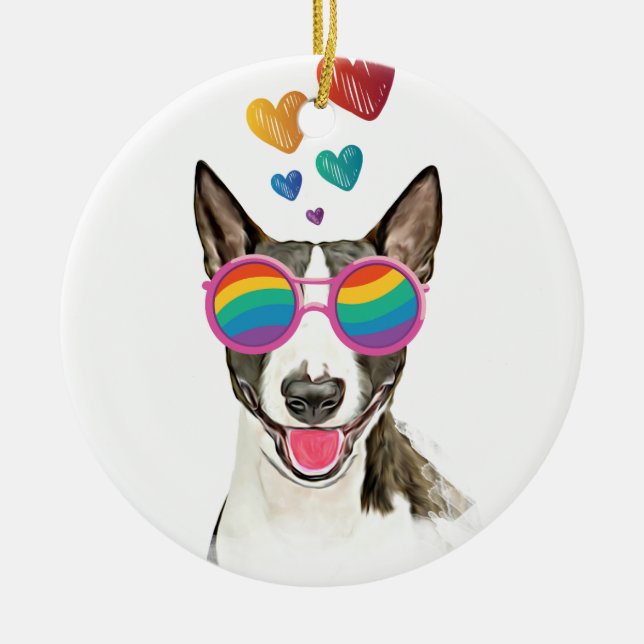 Bull Terrier Hund med Hearts Valentine Day Julgransprydnad Keramik (Framsidan)