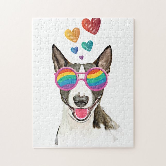 Bull Terrier Hund med Hjärtan Alla Hjärtans Dag Pussel (Vertikal)