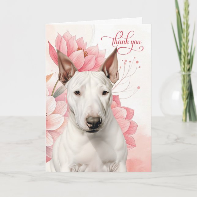 Bull Terrier Hund Mjuk Rosa Botaniska Blommor Tack Kort (Framsida)