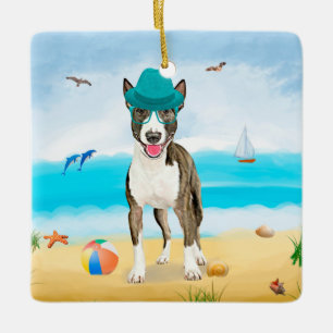 Bull Terrier Hund på Strand Julgransprydnad Keramik