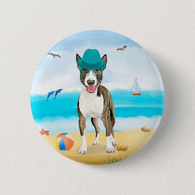 Bull Terrier Hund på Strand Knapp (Framsida)
