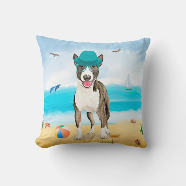 Bull Terrier Hund på Strand Kudde (Framsida)