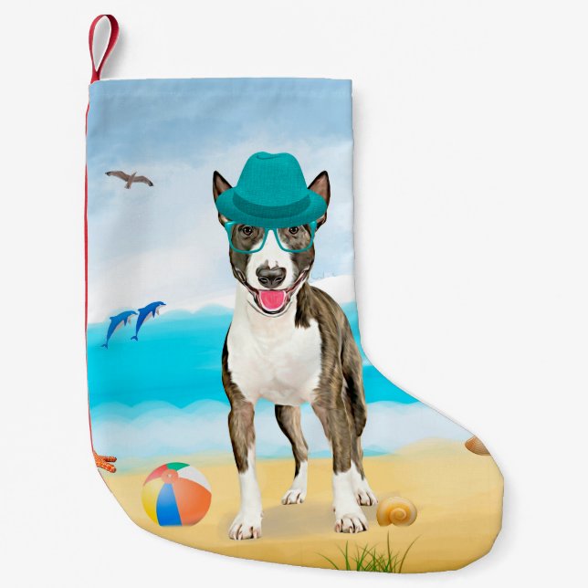 Bull Terrier Hund på Strand Liten Julstrumpa (Framsidan)