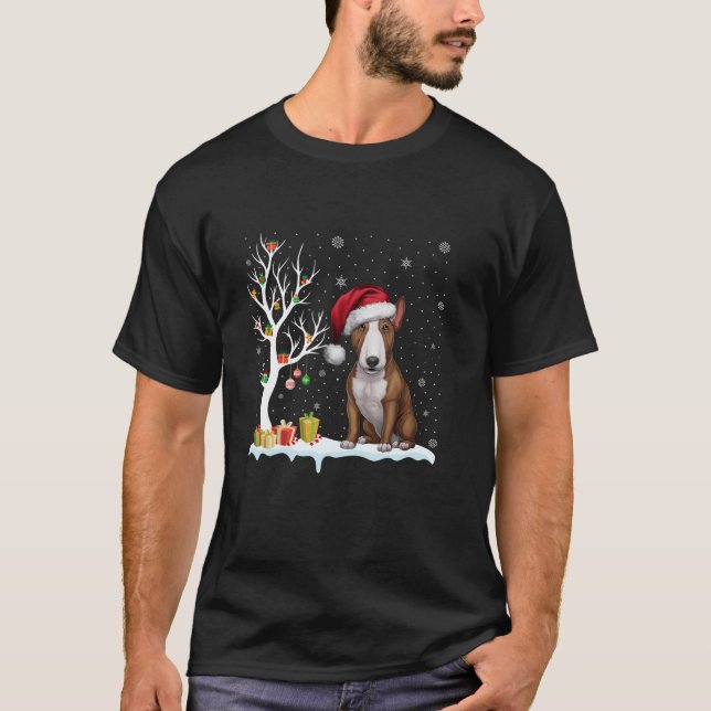 Bull Terrier Hund Santa Hat Festive Träd Light Jul T Shirt (Framsida)