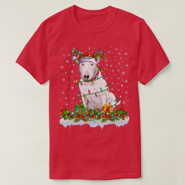 Bull Terrier Hund Santa Hat Reindeer jul Ligh T Shirt (Design framsida)