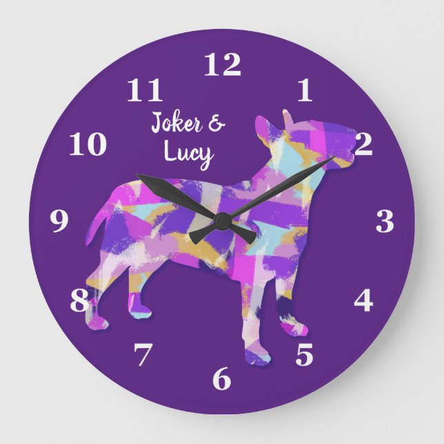 Bull Terrier Hund Silhouette Cute Lila PY&B Stor Klocka (Framsida)