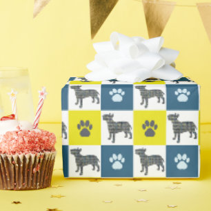 Bull Terrier Hund & Tass Gult & Blue Grid Presentpapper