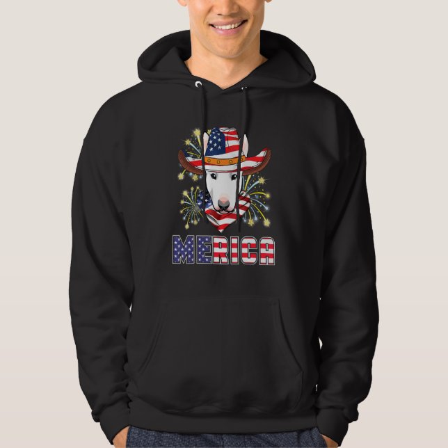 Bull Terrier Hund Us Flagga Hat Fireworks Merica 4 Hoodie (Framsida)