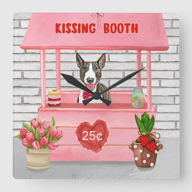 Bull Terrier Hund Valentine Day Kissing Booth Fyrkantig Klocka (Framsida)