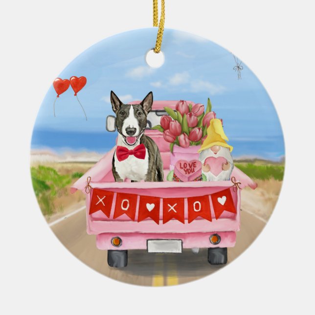 Bull Terrier Hund Valentine Day Lastbil Hearts Julgransprydnad Keramik (Framsidan)