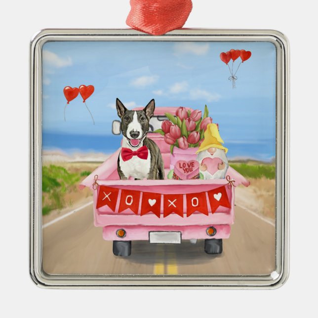 Bull Terrier Hund Valentine Day Lastbil Hearts Julgransprydnad Metall (Framsidan)