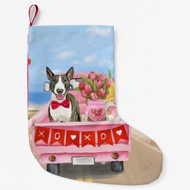 Bull Terrier Hund Valentine Day Lastbil Hearts Liten Julstrumpa (Framsidan)